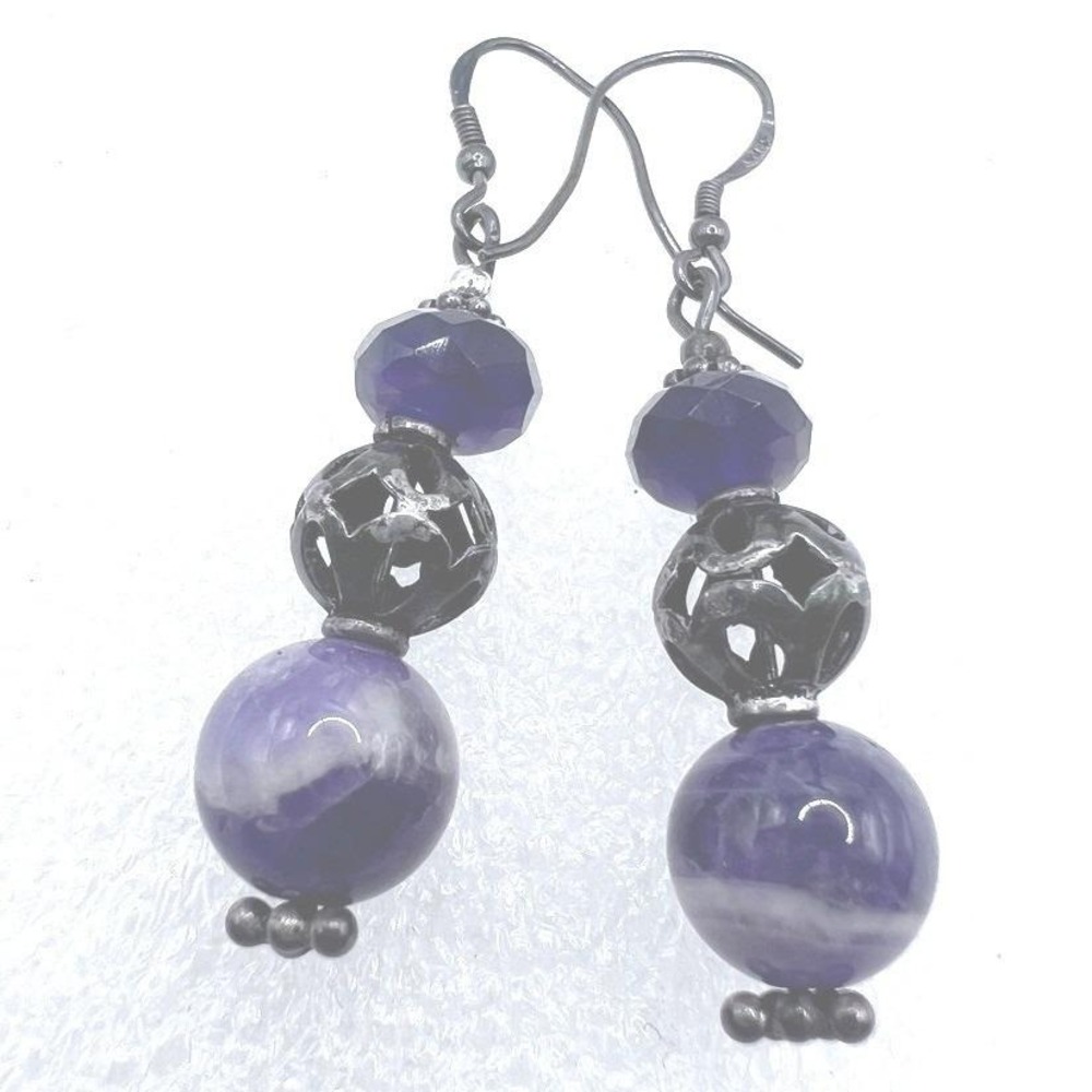Purple Dangle Beaded‎ Earrings Oxidized Sterling Silver Semi Precious Stones